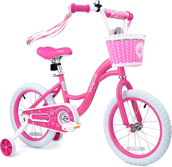bicystar Princess Girls Bike 12-18 Inch with Training Wheels, Ages 2-8 Pink | Sparkling frame, adjustable seat & handlebar, basket & streamers, coaster or hand brake, 85% pre-assembled