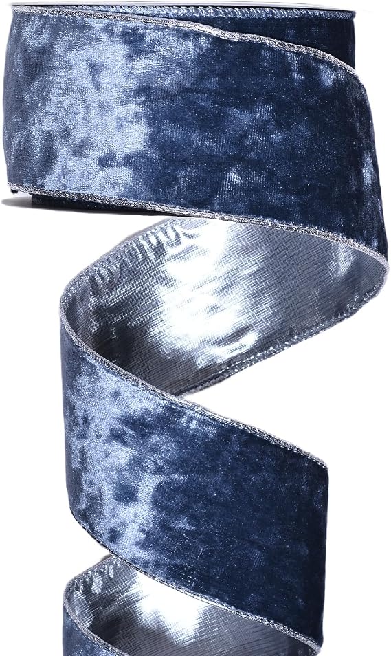 YAMA Dusty Blue Velvet Silver Edge Wired 2 1/2 Inch Ribbon for Christmas Tree Gift Wrapping Crafts Wreath Bow Making Home Decor 5 Yards