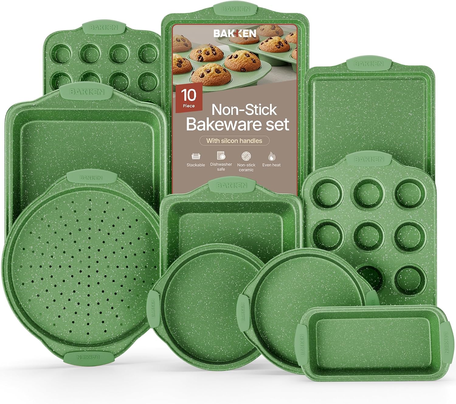 BAKKEN Kitchen Baking Pan Set - Nonstick Green Marble Coating, Carbon Steel Bakeware Sets with Green Silicone Handles, Kitchen Essentials, PFOA, PFOS, PTFE Free, Oven Safe Up To 450° F, Set of 10