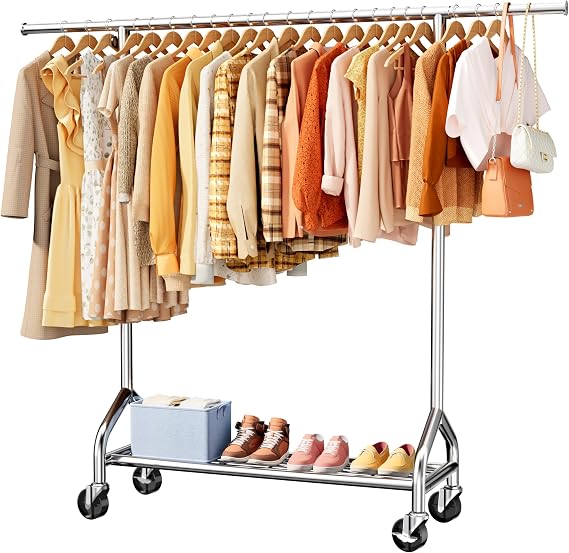 Sakugi Heavy Duty Clothes Rack - Garment Rack with Extendable Side Rods & Bottom Shoe Shelf, 25mm Stainless Steel Frame with Wheels, 49.874.8'' x 62.6'' x 16.5'', Silver