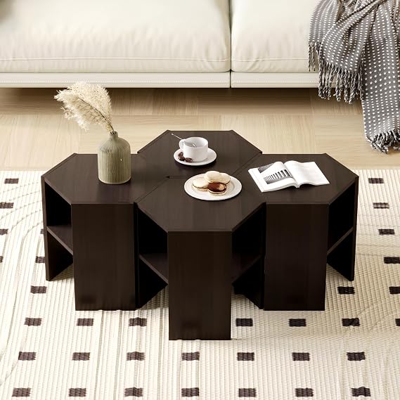 Hexagonal Nesting Coffee Table Set of 4, Stacking Side Table, Space Saving Stackable End Table for Living Room Dining Room Bedroom Home Office, Black