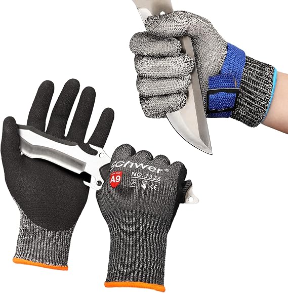 Schwer Highest Level Cut Resistant Gloves for Extreme Protection,Stainless Steel Mesh Metal Glove,ANSI A9 Cutting Gloves for Fishing,Oyster Shucking,Mandoline(M)