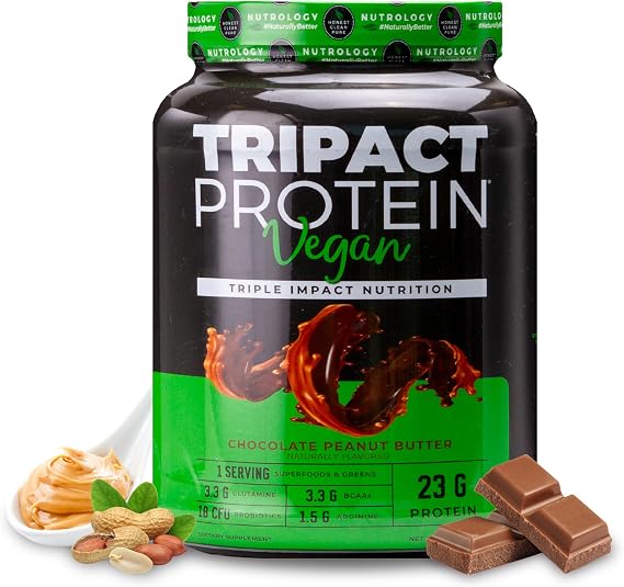 TRIPACT Vegan Protein Chocolate Peanut Butter - 20 Servings | Organic Pea Protein, Rice Protein, Pumpkin Protein, BCAAs, Glutamine, Plant-Based Meal Replacement Shake