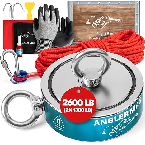 AnglerMagTM Magnet Fishing Kit - 2600 lbs Double Sided Neodymium Magnetic Fishing Stuff with Rope - 10 PCS Extra Strong Complete Gift Set with eBook, Carabiner, Gloves, Grappling Hook & Carrying Bag
