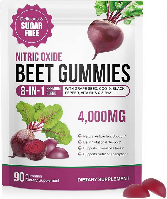 Super Beetroot Gummies, 8 in 1 Beet Root 4,000mg with Grape Seed Extract & CoQ10, Sugar Free - 90 Count (1)