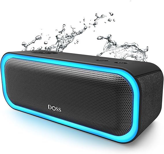 DOSS SoundBox Pro Bluetooth Speaker, 20W Stereo Sound, Active Extra Bass, 20H Playtime, Multi-Colors Lights, TWS Pairing, IPX6 Waterproof for Garden, Hiking, Camping, Outdoor, Party-Black