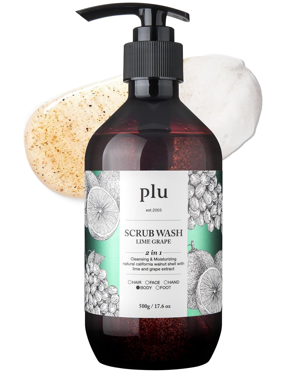 PLU Scrub Body Wash Lime Grape – Korean Exfoliating Body Cleanser - Hydrating, Nourishing, Radiant Glow Skin - Fresh Lime & Green Grape Scent - Hypoallergenic, 16.9 fl.oz