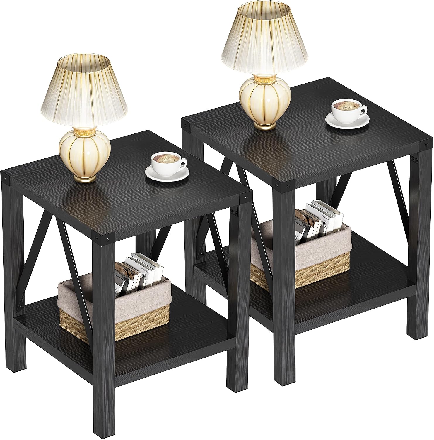 Treocho Farmhouse End Table Set of 2, Rustic Vintage Nightstand Side Table with Shelf for Living Room, Black