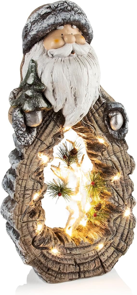 Alpine Corporation 21" Tall Santa Christmas Statue with Carved Wood Look and 16 Warm LED Lights, Timer Function, Indoor/Outdoor Holiday Decoration for Porch or Entryway