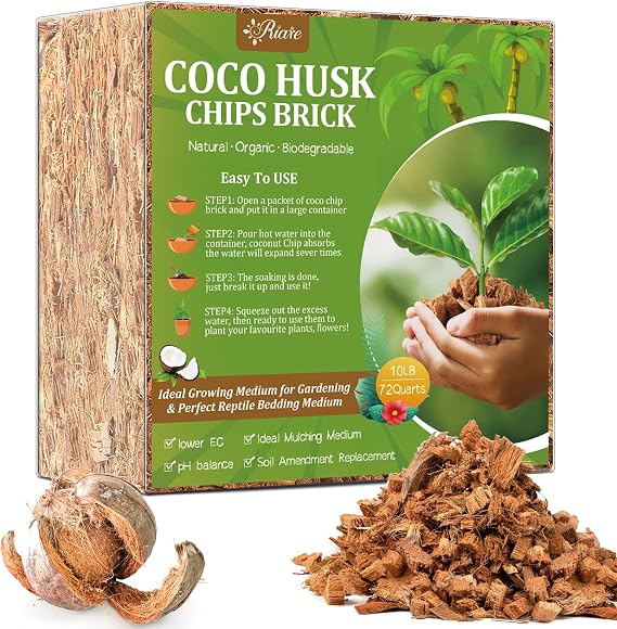Riare 10LB Organic Coco Coir Chips for Plants Coconut Husk Substrate | Low EC & pH Balanced, Superior Drainage & Aeration, High Expansion & Moisture Retention, Mulch for Orchids, Herbs, Soil Mix