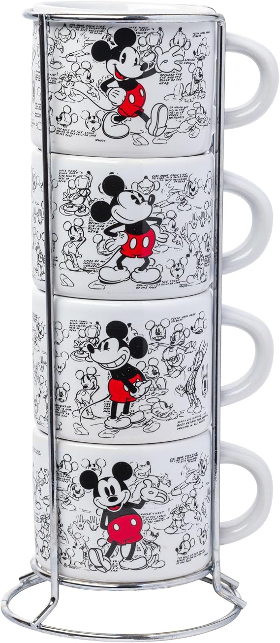 Silver Buffalo Disney Mickey Mouse Vintage Sketches Art 4pc Stackable Ceramic Espresso Small Cup Set, 3 Ounces
