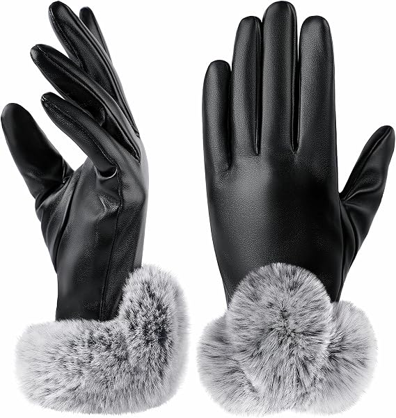 Winter Gloves Women - Leather Gloves Winter Black Touch Screen Gloves PU Valentines Day Gifts for Her