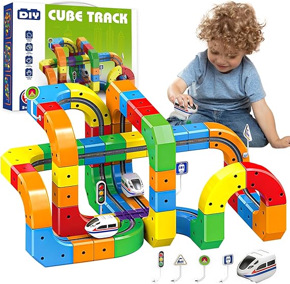 123PCS Electric Train Set, Magic Rail Cube Train Set, 3D Embedded Layouts Train Track Set with Gravity-Defying Motorized Train, DIY Cube Flexible Race Track,Easter Birthday Gift for Boys Girls