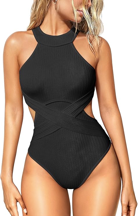 OQQ Women's One Piece Swimsuits Tummy Control High Waisted Cross Bathing Suit Wrap Tie Back 1 Piece Swimwear