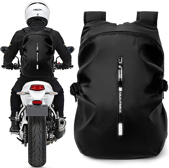 OUUTMEE Motorcycle Backpack, Waterproof Helmet Backpack for Men Women | Off-road Bike Bag, Motorbike Rucksack with Reflective Stripe, Motorbike Travel Backpacks(Small)