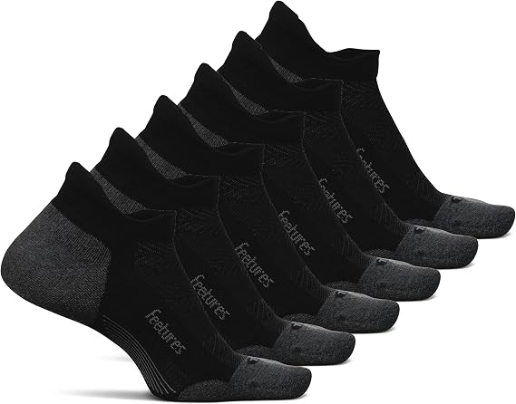 Feetures Elite Max Cushion No Show Tab Sock, Black, Medium, 6 Pack | No-Show Tab Running Socks for Men and Women with Targeted Arch Compression, Max Cushion and Moisture-Wicking Comfort
