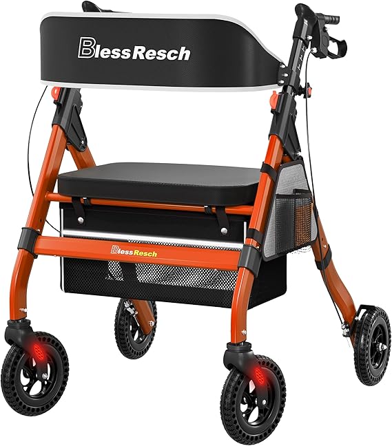 BlessReach Foldable Heavy-Duty Rollator Walkers with Seat for Seniors, Red | 450 lb Capacity, 8'' Wheels, 18" Big Seat, 6-Position Height, Aluminum Rolling Walker