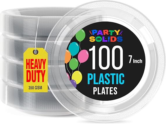 Exquisite Party Solids Sturdy Clear Plastic Plates 7" Cake Plates 100 Pcs | Clear Plates Disposable Heavy Duty 10 Grams Party Plates for Party, Dinners, Everyday & Birthday Supplies