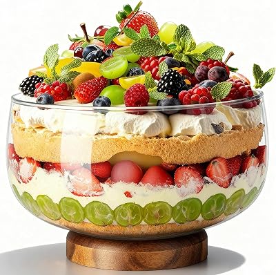 NiHome 203oz Extra Large Glass Trifle Bowl with Acacia Wood Stand, Serving Dish for Cakes, Salads, Desserts, Stylish Display for Parties, Weddings, Special Occasions, Durable Easy to Clean