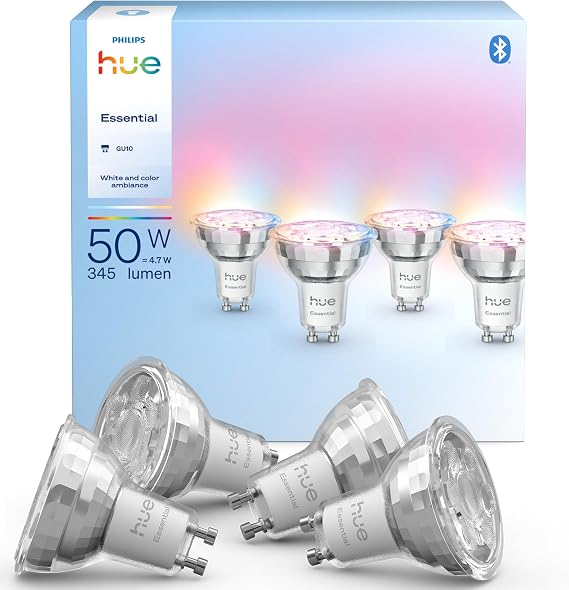 Philips Hue Essential GU10 Spotlight Bulb, Smart LED Bulb, 4 Pack