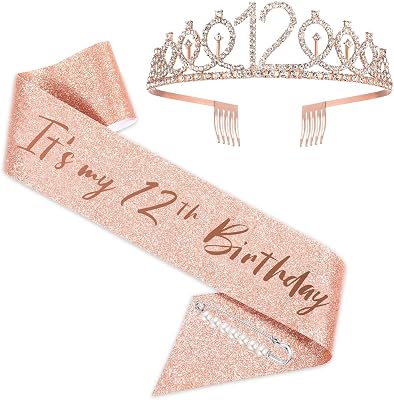 12th girls Birthday Sash and Tiara Set Rose Gold Birthday Sash Crown Birthday Party Favors Supplies for girls Birthday Party