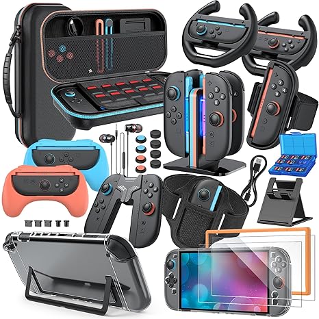 Switch 2 Accessories Bundle, 30-in-1 Kit for Nintendo Switch 2, Black | Carrying Case, Controller Charger Dock, Grips for JoyCon,Steering Wheels for Mario Kart,Protective Cover for Switch 2 Console