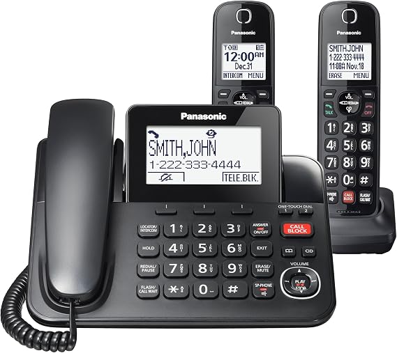 Panasonic Corded Phone/Cordless Phone with Answering Machine, Advanced Call Block and 2-Way Recording, 2 Handsets Expandable up to 6 Cordless Handsets, Landline Telephone - KX-TGF852B (Black)