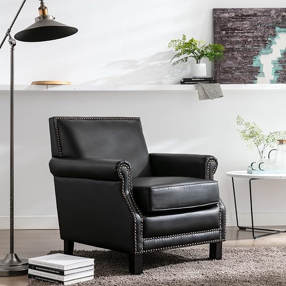 Vintage Suede Armchair Club Chair, Studded Club Chair, Traditional Vintage Upholstered Club Chair with Nailhead Trim and Soild Wood Legs for Living Room/Study/Bedroom/Office (Black)