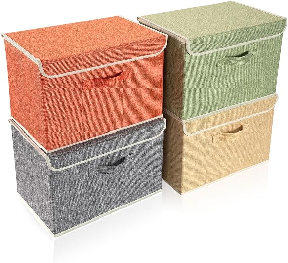 BrilliantJo Storage Boxes with Lid, Foldable Clothing Storage Basket case with Handle for Toy, Books, Closet, Bedroom, Home, 38L x 25W x 25H cm 4 mixed colors A