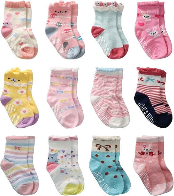 12 Pairs Toddler Girl Grip Socks - Non-Skid, Cotton Crew Socks, Anti-Slip for Girls