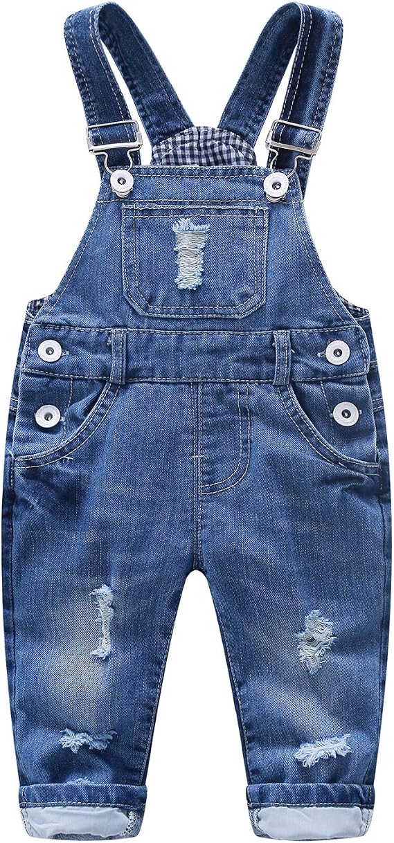 KIDSCOOL Toddler Baby Denim Overalls Ripped Holes Jean Bib Romper Jumpsuit | Toddler baby denim overalls, unisex ripped distressed jean bib romper, cute gingham lining jumpsuit, infant soft outfit