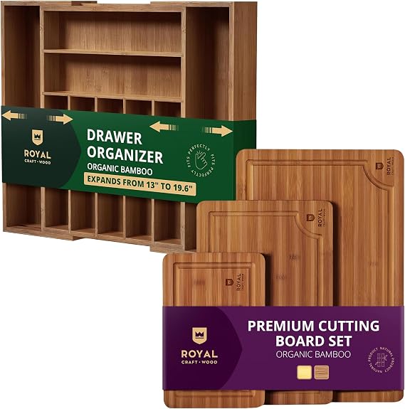 Kitchen Drawer Organizer Brown Bamboo 9 Slot - Wooden Cutting Boards for Kitchen Meal Prep & Serving - Bamboo Wood Serving Board Set with Deep Juice Groove Side Handles