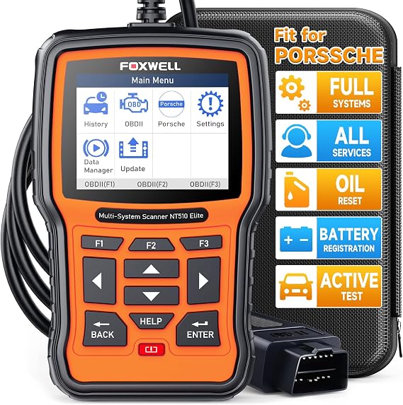 FOXWELL NT510 Elite OBD2 Scanner fit for Porsche Diagnostic Tool, Full System Bi-Directional Control Code Reader with All Reset Services, Oil Reset Scan Tool for Porsche, Battery Registration Tool