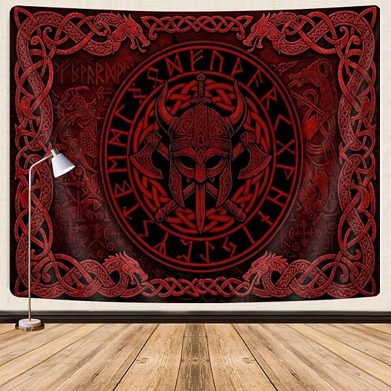 GOAOK Viking Tapestry Wall Hanging, Red Norse Mythology Decor Tapestries, Rune Dragon Art Gothic Medieval Wall Tapestry for Men Bedroom Living Room Man Cave, 60"X40"
