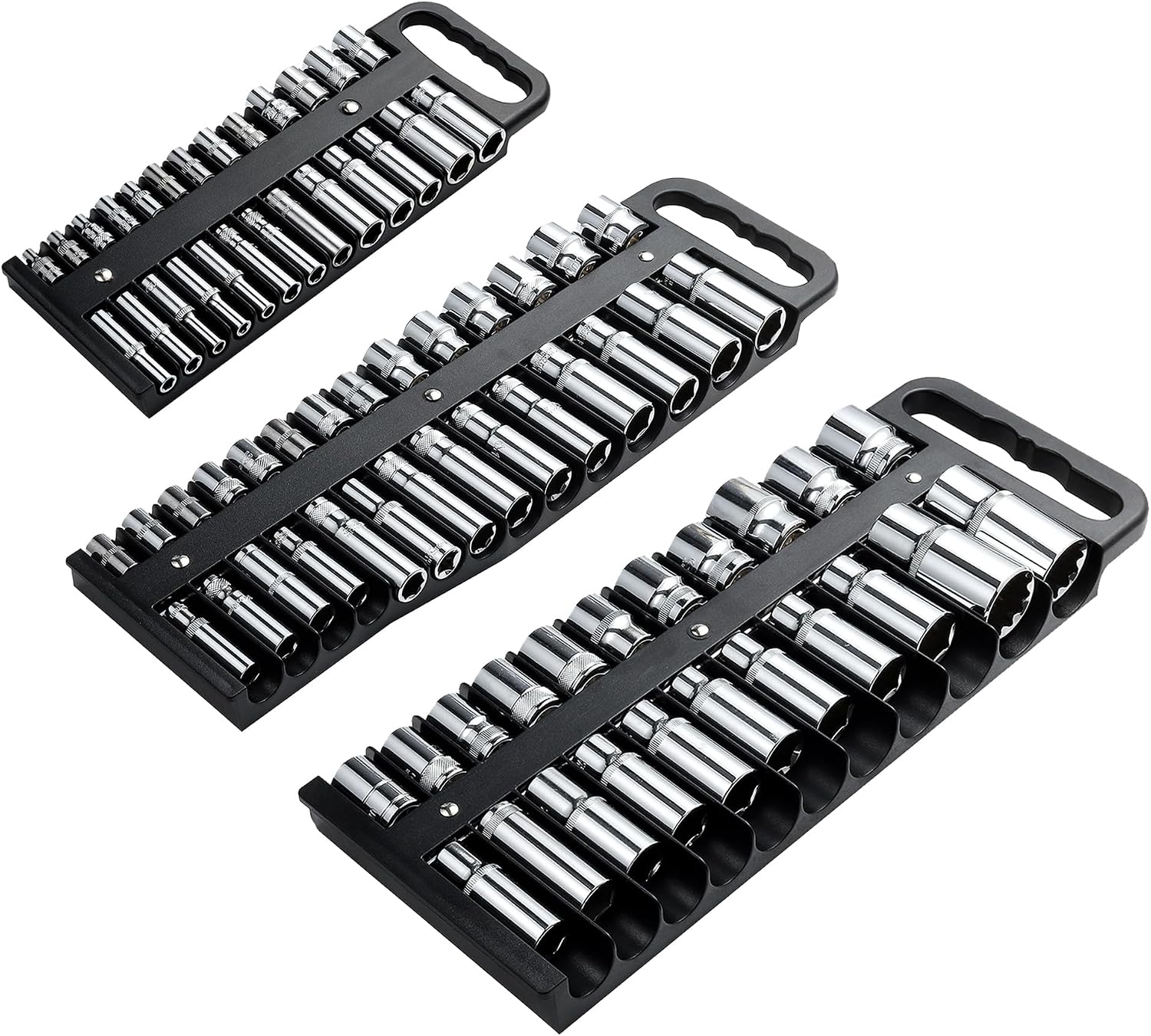 Reniteco Magnetic Socket Organizer Set, 3 Pcs Blue Portable Heavy Duty Socket Rail Set: 1/4-Inch x 22 Pallets, 3/8-Inch x 28 Pallets, 1/2-Inch x 26 Pallets, Hold 76 Sockets - Fit Shallow&amp;Deep Sockets