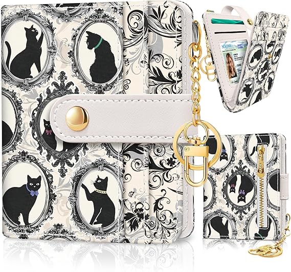 Jogjam Vintage Black Cats Rfid Women Wallet, Small Slim Credit Card Holder | Compact Thin, PU Leather Bifold, Cash Zipper Coin Pocket, ID Window, For Female Ladies Teen Girls Girly, Down Size