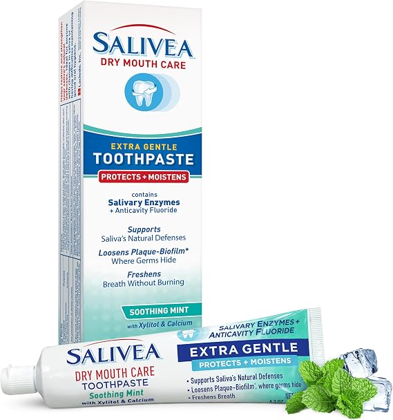 SALIVEA Dry Mouth Toothpaste Anticavity Fluoride Mint 4.3 oz Pack of 1 | Anticavity fluoride with xylitol and calcium, SLS free low foaming gentle formula for daily oral defense and fresh breath