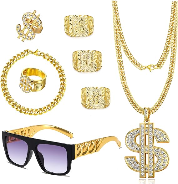 GIFIKOI 80s 90s Hip Hop Costume Outfit Kit Fake Golden Bracelet Dollar Sign Necklace Kanji Ring Sunglasses Rapper Costume Accessories Set