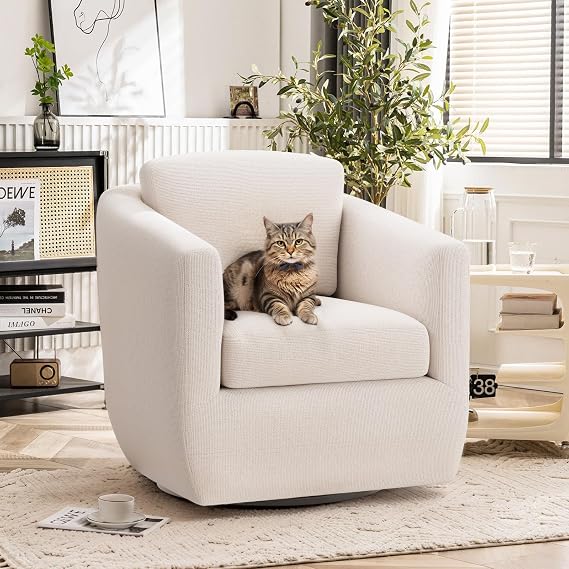 COLAMY 360 Swivel Accent Chair, Fully Assembled Living Room Armchair with Pillow, No-Sag Foam, Sturdy Metal Base, Swivel Accent Single Sofa for Bedroom Living Room, Reading Room, Beige