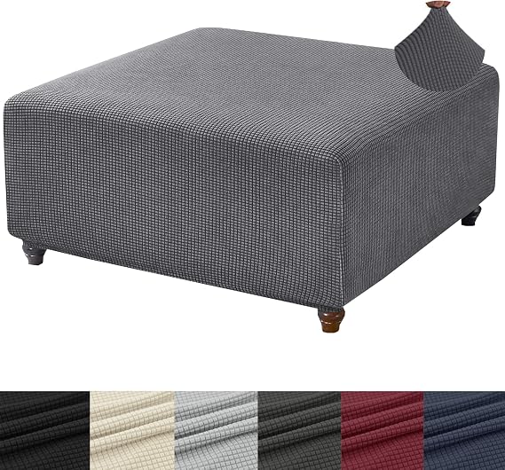 ANWUCHEN Ottoman Cover - Stretch Knitted Jacquard Slipcover for Square Storage Foot Stool - Soft Thick With Elastic Bottom - Large Dark Gray