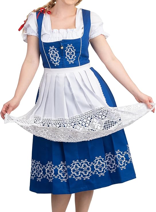 3-Piece Blue Dirndl Dress Set for Women Long Traditional German Oktoberfest Outfit