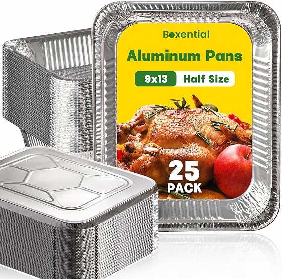 9x13 Aluminum Pans with Lids [25 Pack], Extra Heavy Duty Half Size Disposable Foil Pans, Deep Baking Pans for Cooking, Roasting, Heating, and Steam Tables