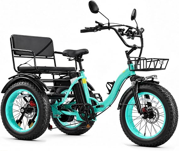 Two Seater Electric Tricycle for Adults Peak 1350W 48V15.6Ah Etrike 20"x4" Fat Tire Electric Trike 3-Wheel Folding Electric Tricycle Large-Capacity Bike Basket