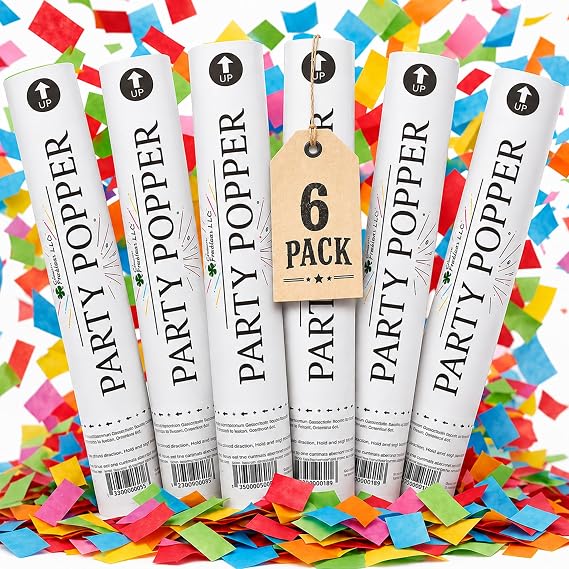Clover 12" Confetti Cannons, 6 Pack Multicolor Confetti Poppers, Air-Powered Party Poppers, Shoots Up to 25 Feet, Safe for Indoor & Outdoor Use, Birthday, Wedding, Graduation & New Year