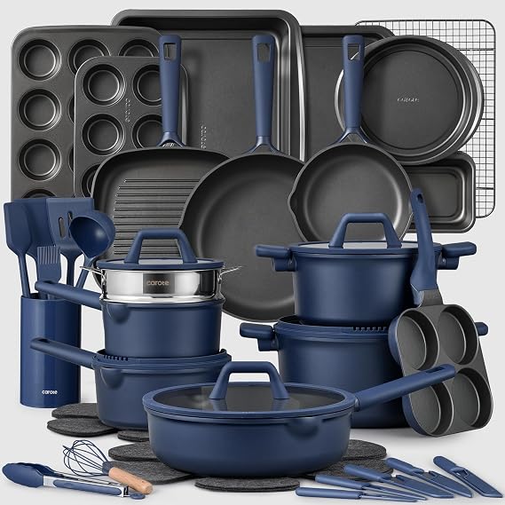 CAROTE 49pcs Pots and Pans Set, Nonstick Cookware Set with Bakeware | Induction Kitchen Set with Silicone Lids, Easy Food Release, All-Stovetop Compatible, with Knife Set, Blue
