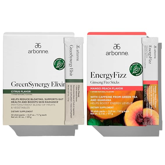 Daily Gut & Energy Bundle GreenSynergy Elixir Citrus Flavored Greens Powder + EnergyFizz Ginseng Fizz Sticks Peach Mango Gut Health, Skin Support & Energy Supplements Vegan & Gluten-Free
