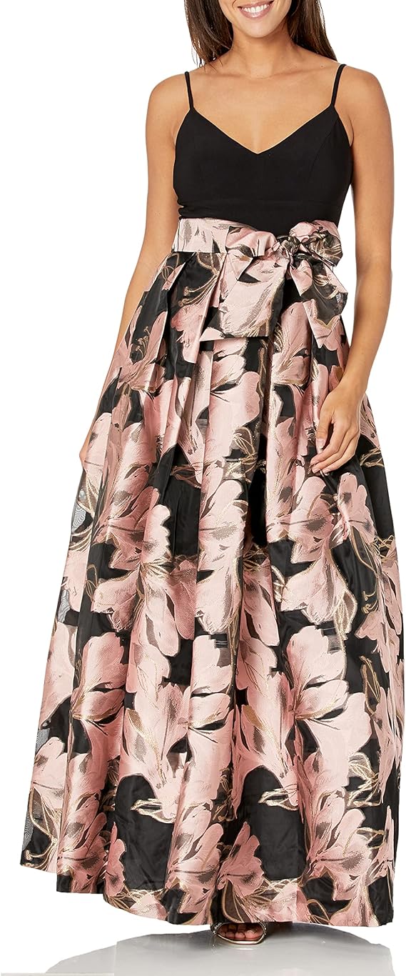 Eliza J Women's V-Neck Floral Jacquard Gown with Tie Waist