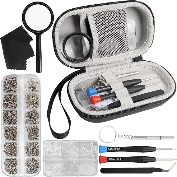 Eyeglass Repair Kit with Screws Eye Glasses Repair Kit with Case | Sunglass Eyeglass Repair Tool Kit with Eyeglass Nose Pads, Screwdriver, Screws, Tweezer, Magnifier for Watch, Toy