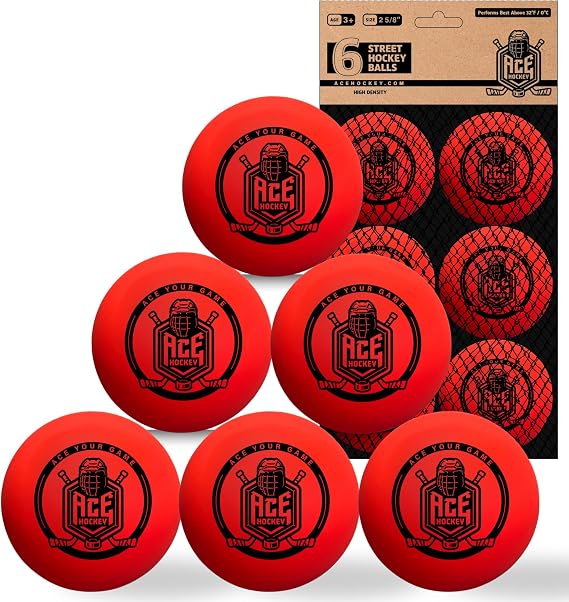 ACE HOCKEY Street Hockey Balls - 6-Pack with Mesh Bag - No-Bounce Outdoor Play PVC Balls for Street, Roller & DEK Hockey - Official Size 2 5/8" - High Visibility Orange