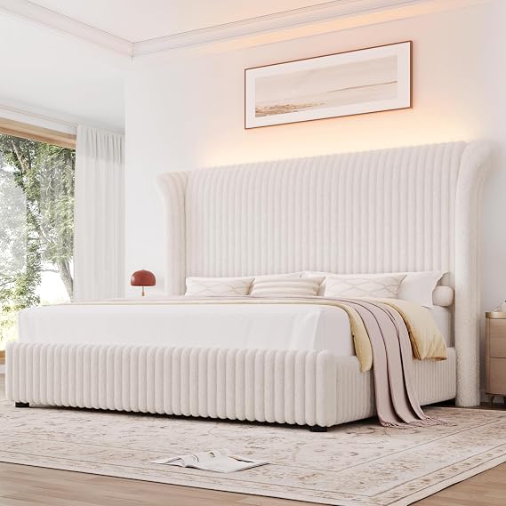 Queen Faux-Fur Upholstered Bed Frame with 54" Channeled Wingback Headboard | Luxurious Faux-Fur Texture, RGB Music Sync LED Lights, Vertical Channel Tufted Wingback Design, Squeak-Free EVA Foam, Beige